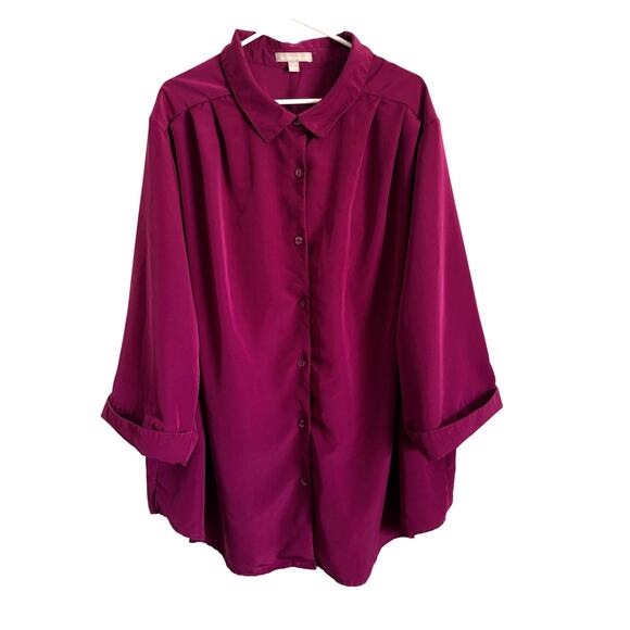 Woman Within Tops - Woman Within Burgandy 3/4 Sleeve Button Front Shirt Collared Tunic 3X 30-32